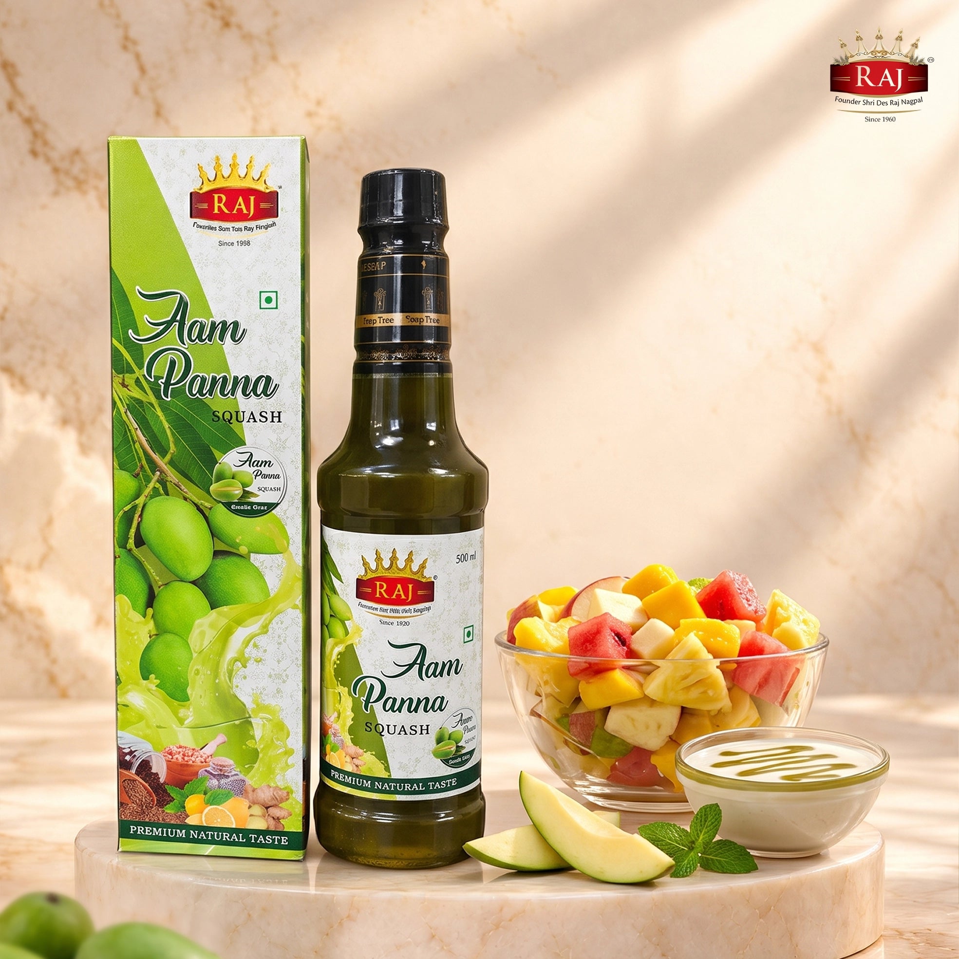 Fruit salad and dessert topped with RAJ Aam Panna Squash for a tangy raw mango flavour