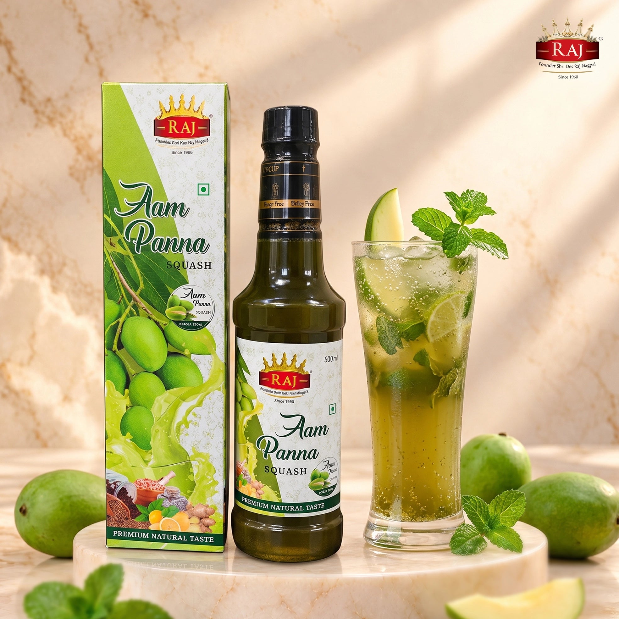 Raw mango mojito made with RAJ Aam Panna Squash, fresh mint and lemon slices