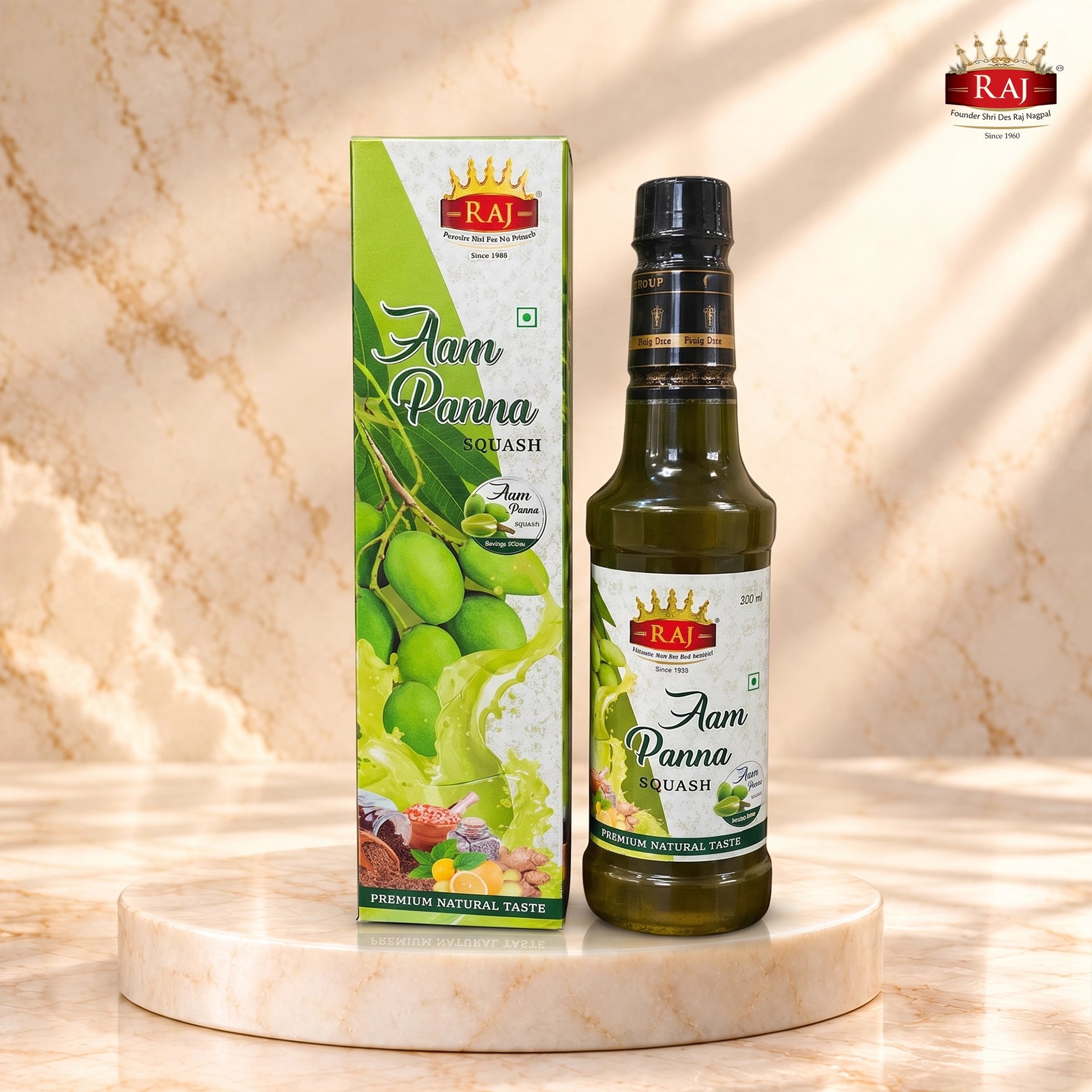 RAJ Aam Panna Squash 500 ml bottle, tangy raw mango drink concentrate by Raj Flavours