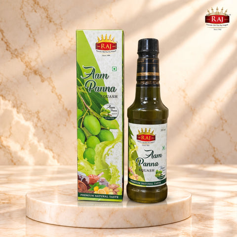 RAJ Aam Panna Squash 500 ml bottle, tangy raw mango drink concentrate by Raj Flavours