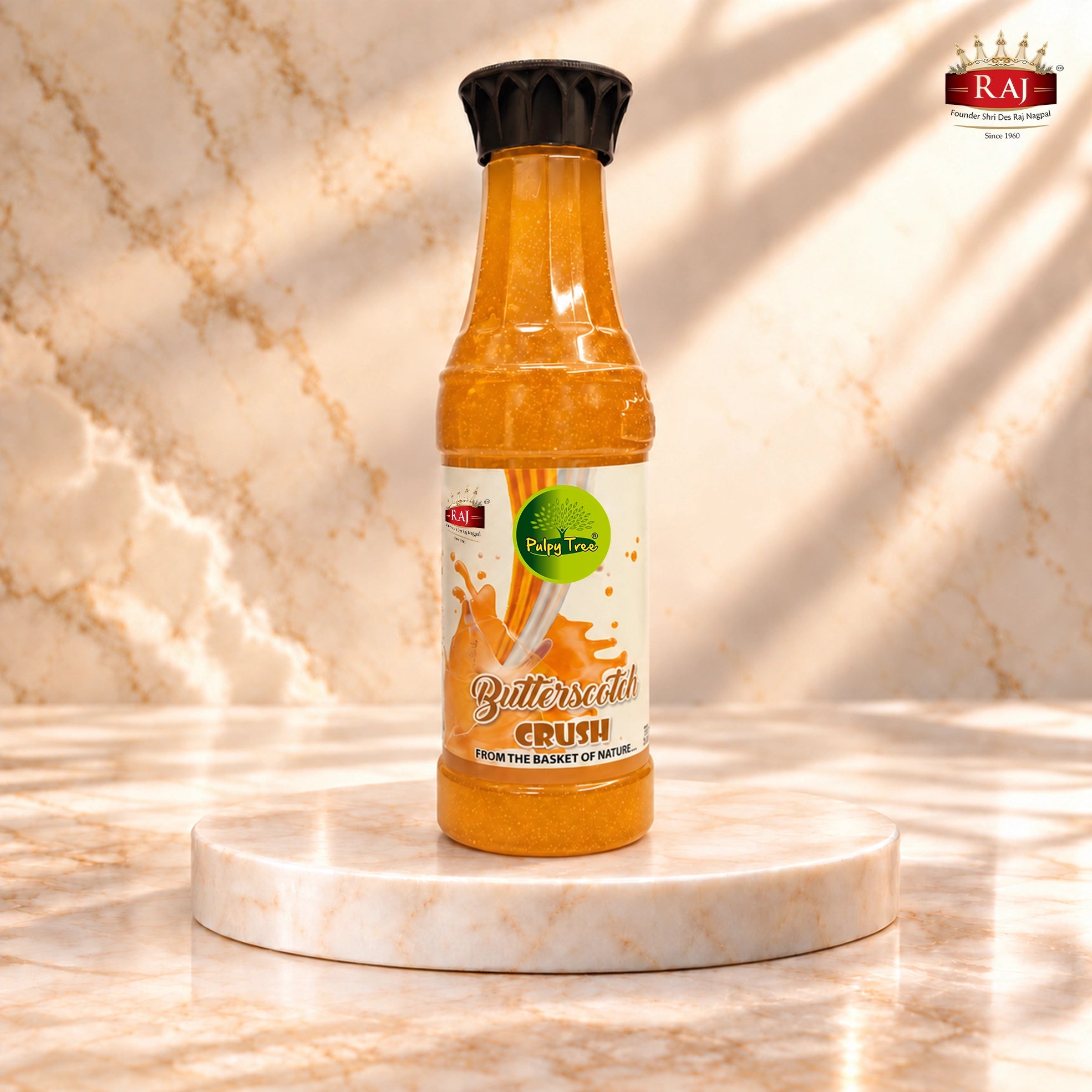 RAJ Pulpy Tree Butterscotch Fruit Crush 750 ml bottle with its front label visible