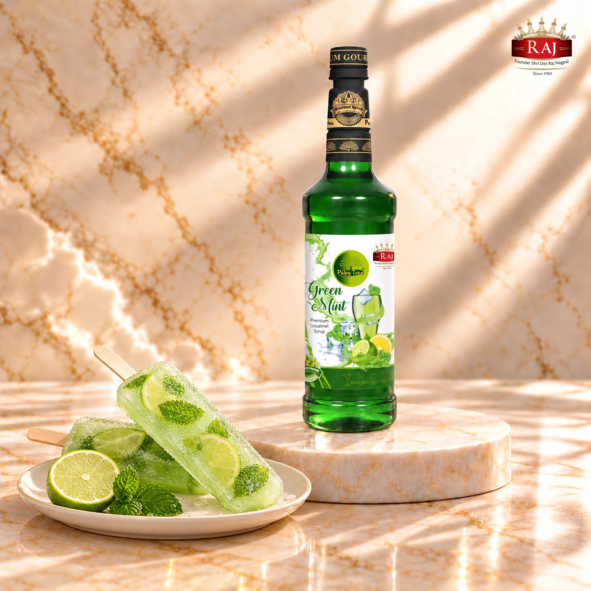 RAJ Pulpy Tree Green Mint syrup bottle beside mint lime popsicles with mint leaves and lime slices frozen inside.