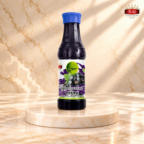 Raj Jeera Blackcurrant Crush 750ml bottle with blue cap and front label