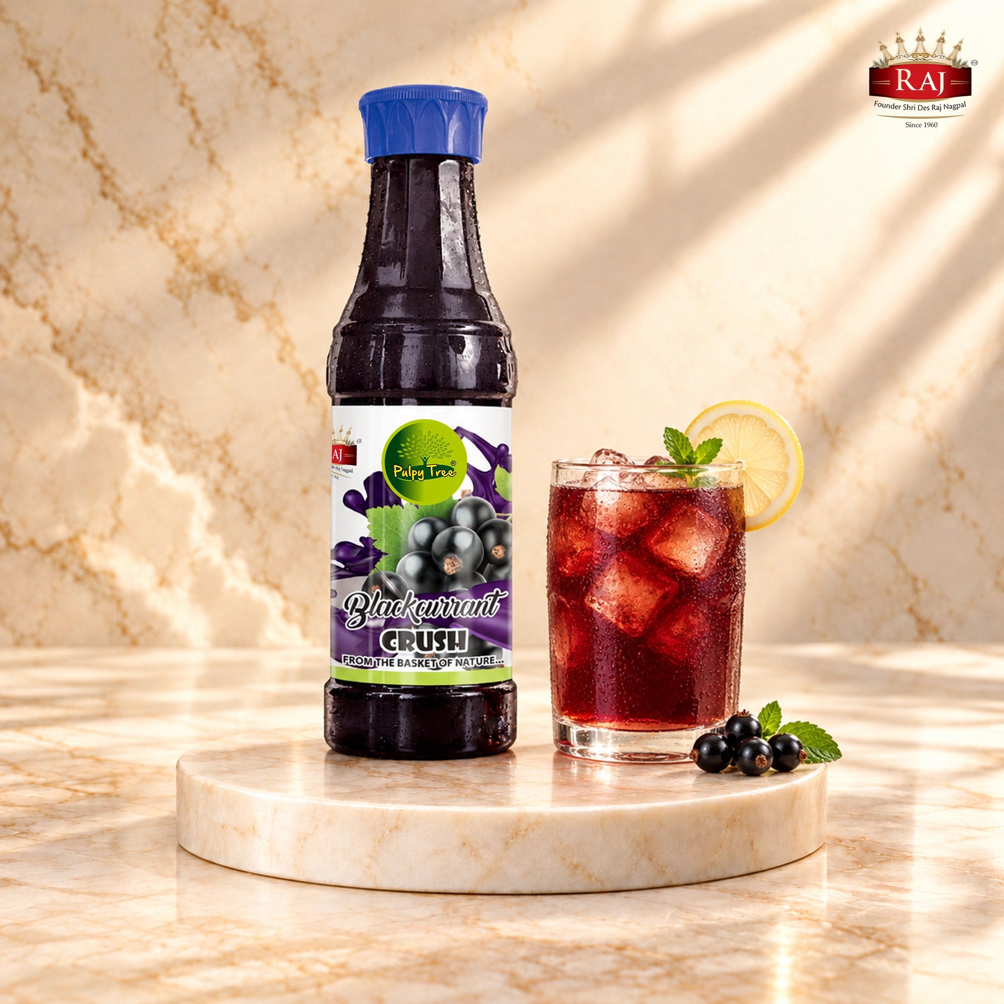 Blackcurrant Crush bottle beside iced tea garnished with lemon and mint