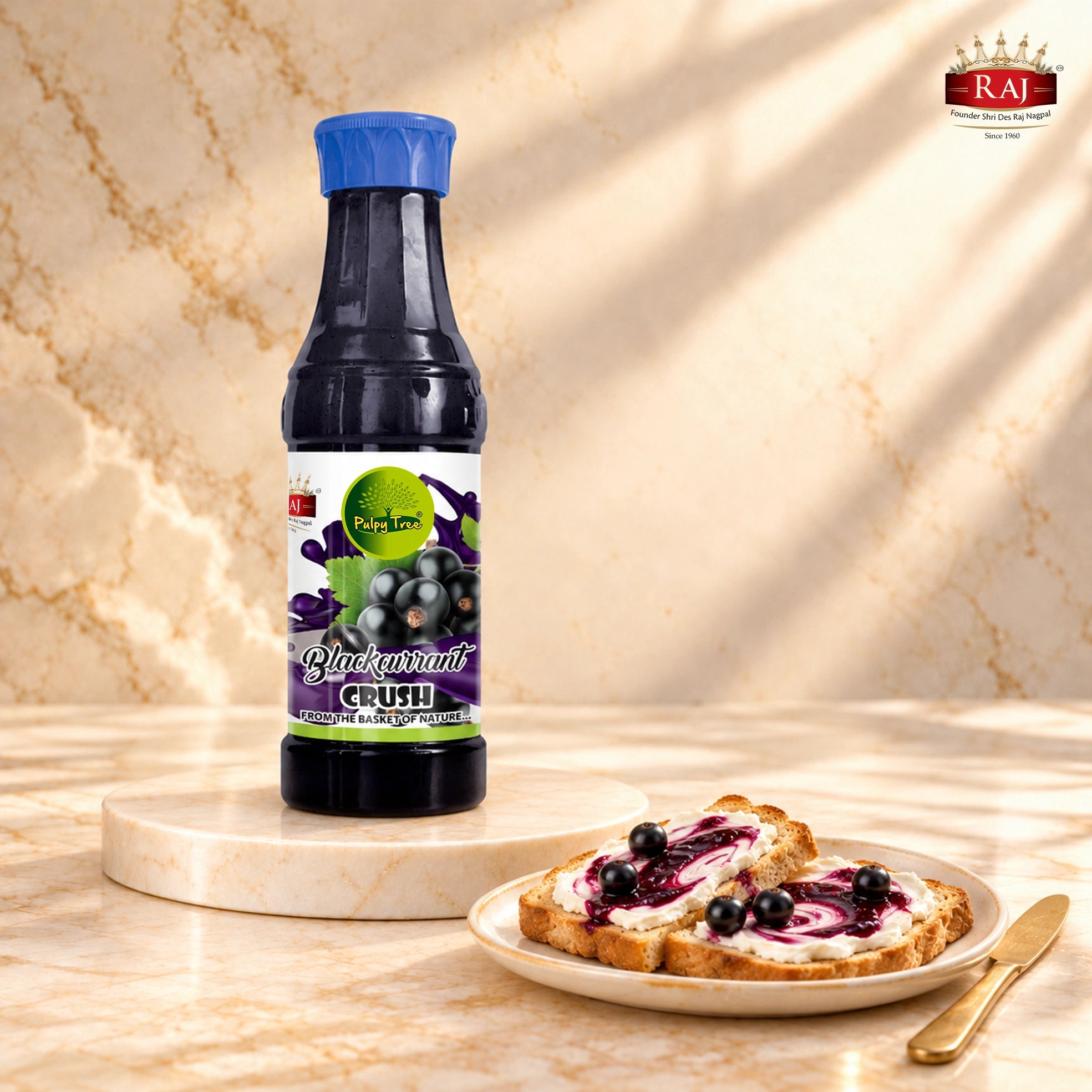 Raj Jeera Blackcurrant Crush 750ml bottle with blue cap and front label