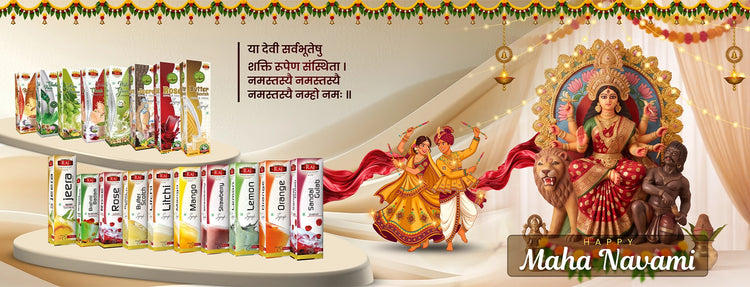 Happy Maha Navami from Raj Jeera, featuring Maa Durga and the RAJ syrup and sharbat collection.