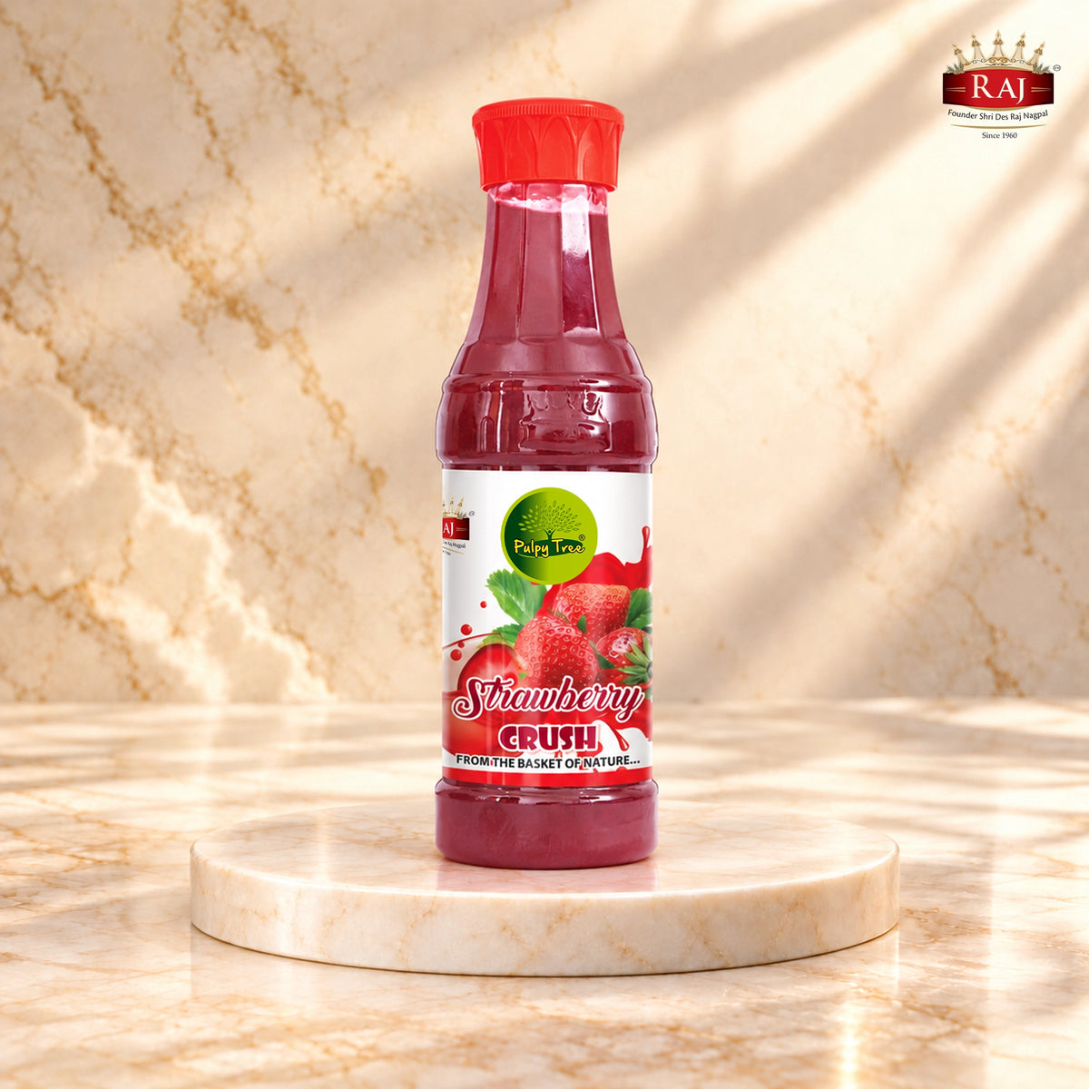 Raj Jeera Strawberry Crush 750ml bottle with red cap and front label