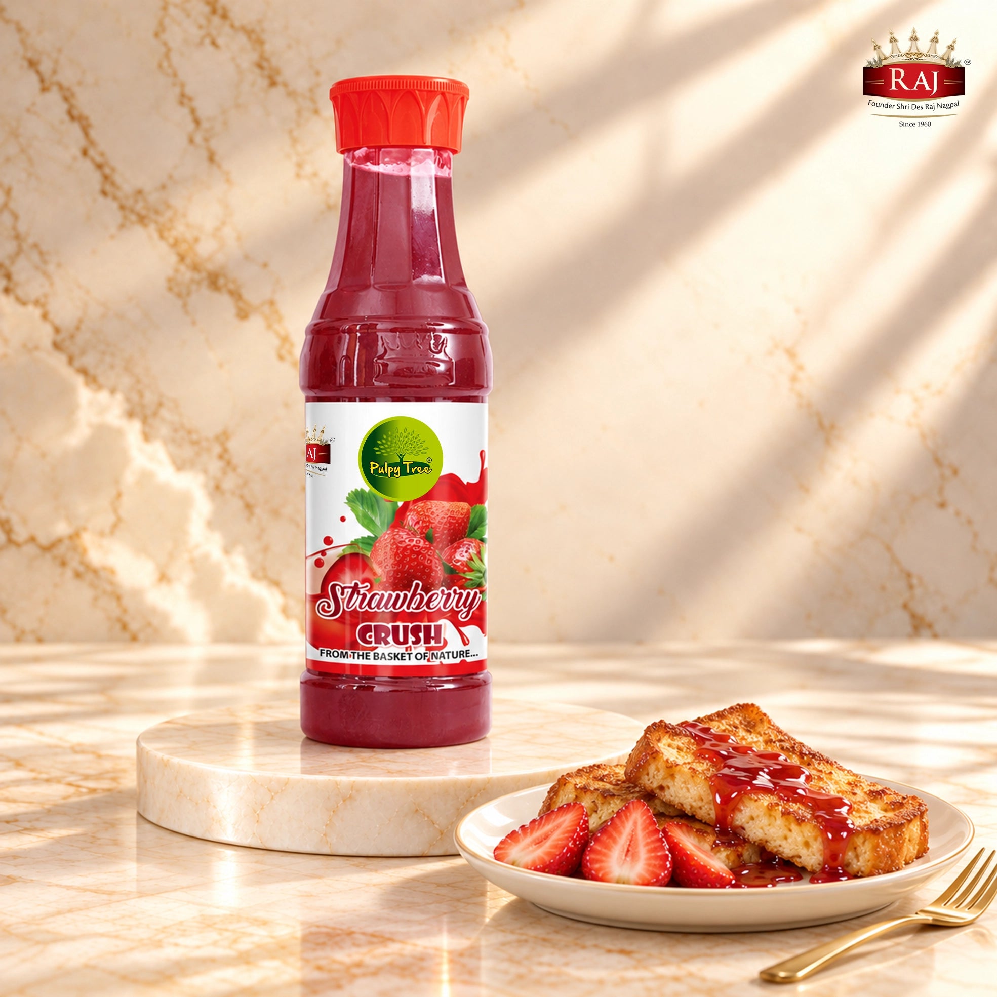 Strawberry Crush bottle beside French toast topped with strawberry drizzle and fresh strawberries