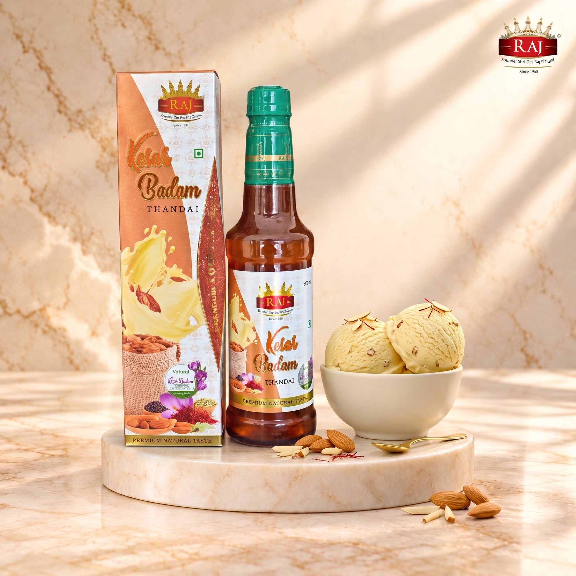 RAJ Kesar Badam Thandai 500 ML for creating saffron almond flavoured ice cream