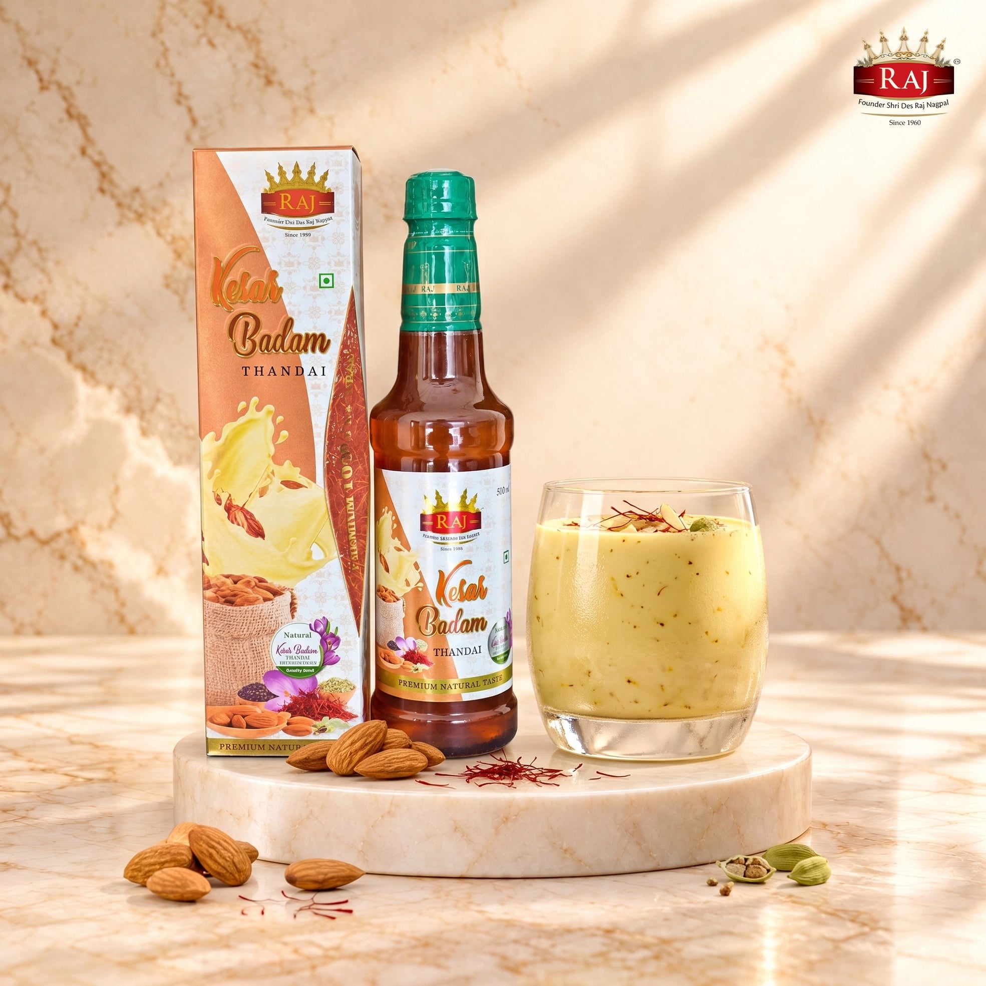 RAJ Kesar Badam Thandai 500 ML used to prepare creamy saffron almond milk
