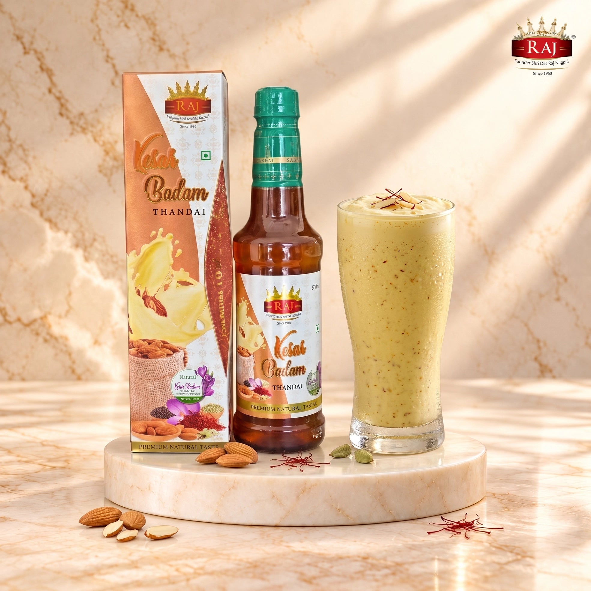 RAJ Kesar Badam Thandai 500 ML for preparing a creamy saffron almond milkshake