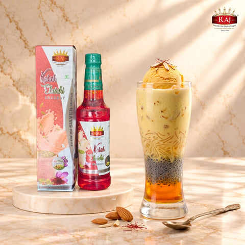 RAJ Kesar Badam Thandai 500 ML bottle served with layered kesar badam falooda
