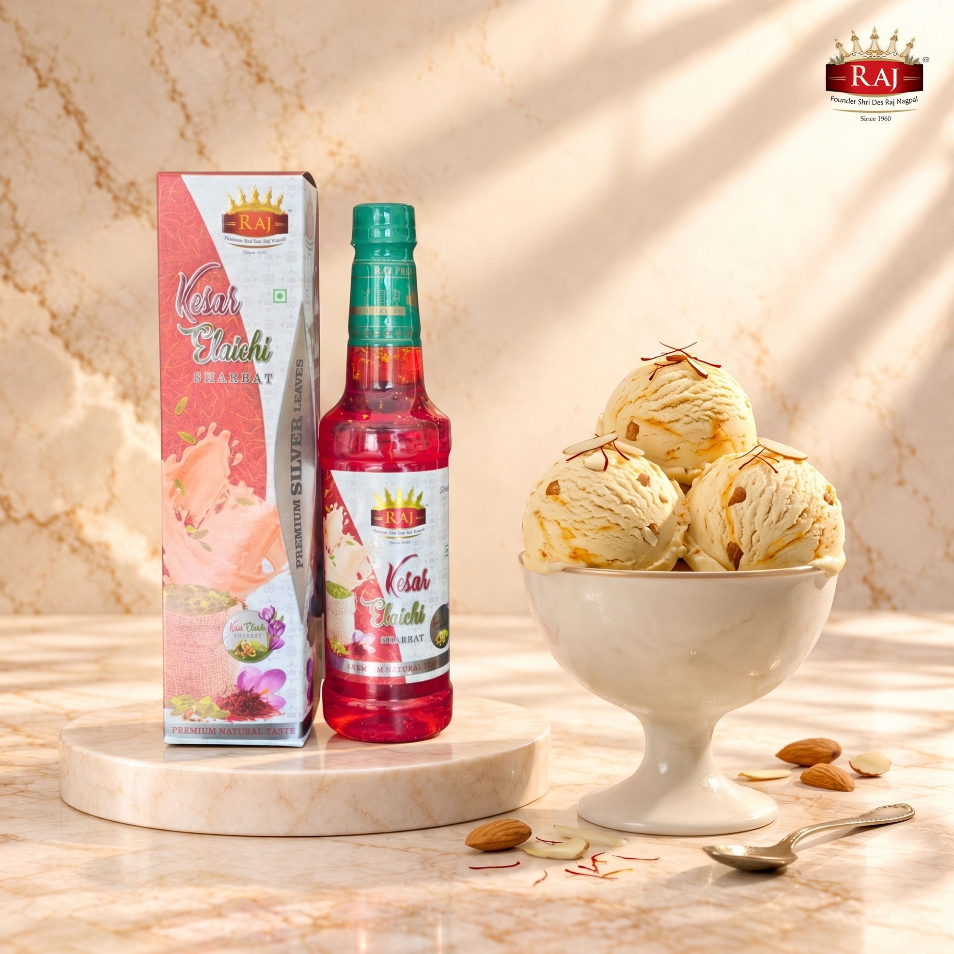 RAJ Kesar Badam Thandai 500 ML bottle with creamy saffron almond ice cream