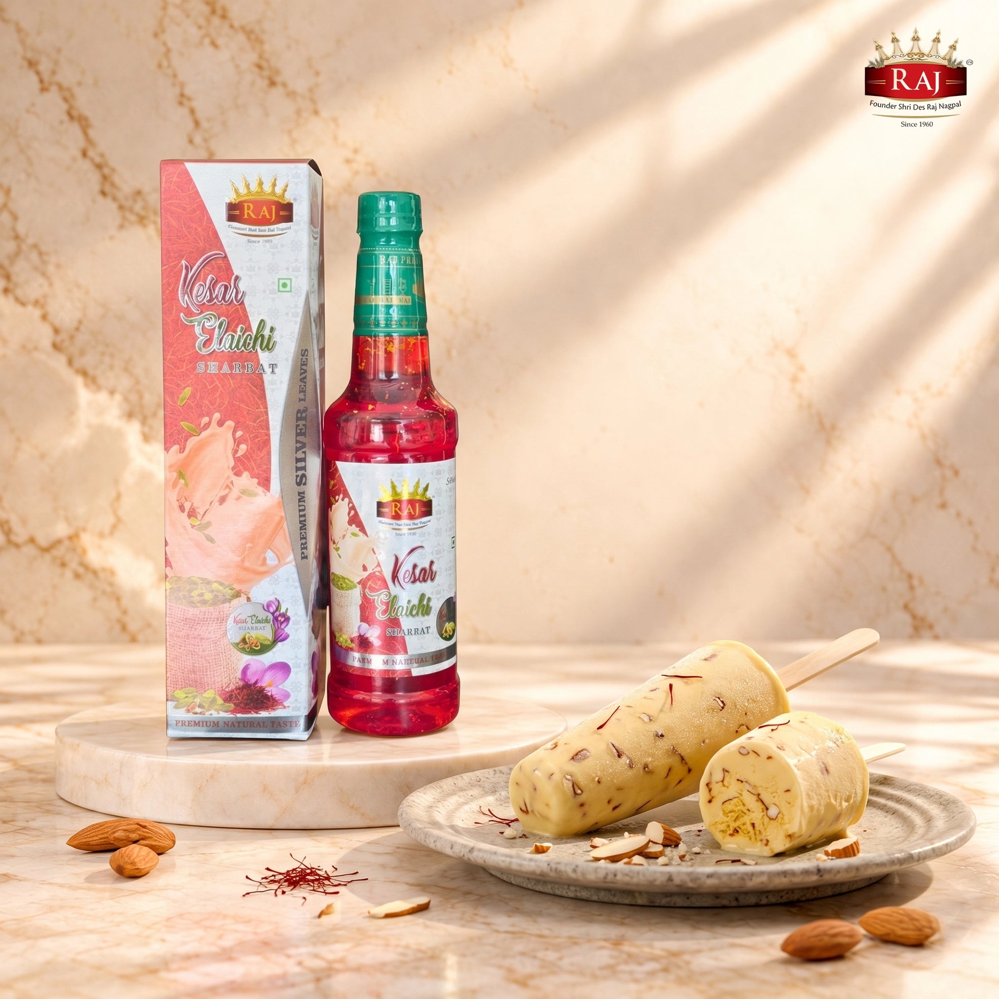 RAJ Kesar Badam Thandai 500 ML bottle for delicious traditional kesar badam kulfi
