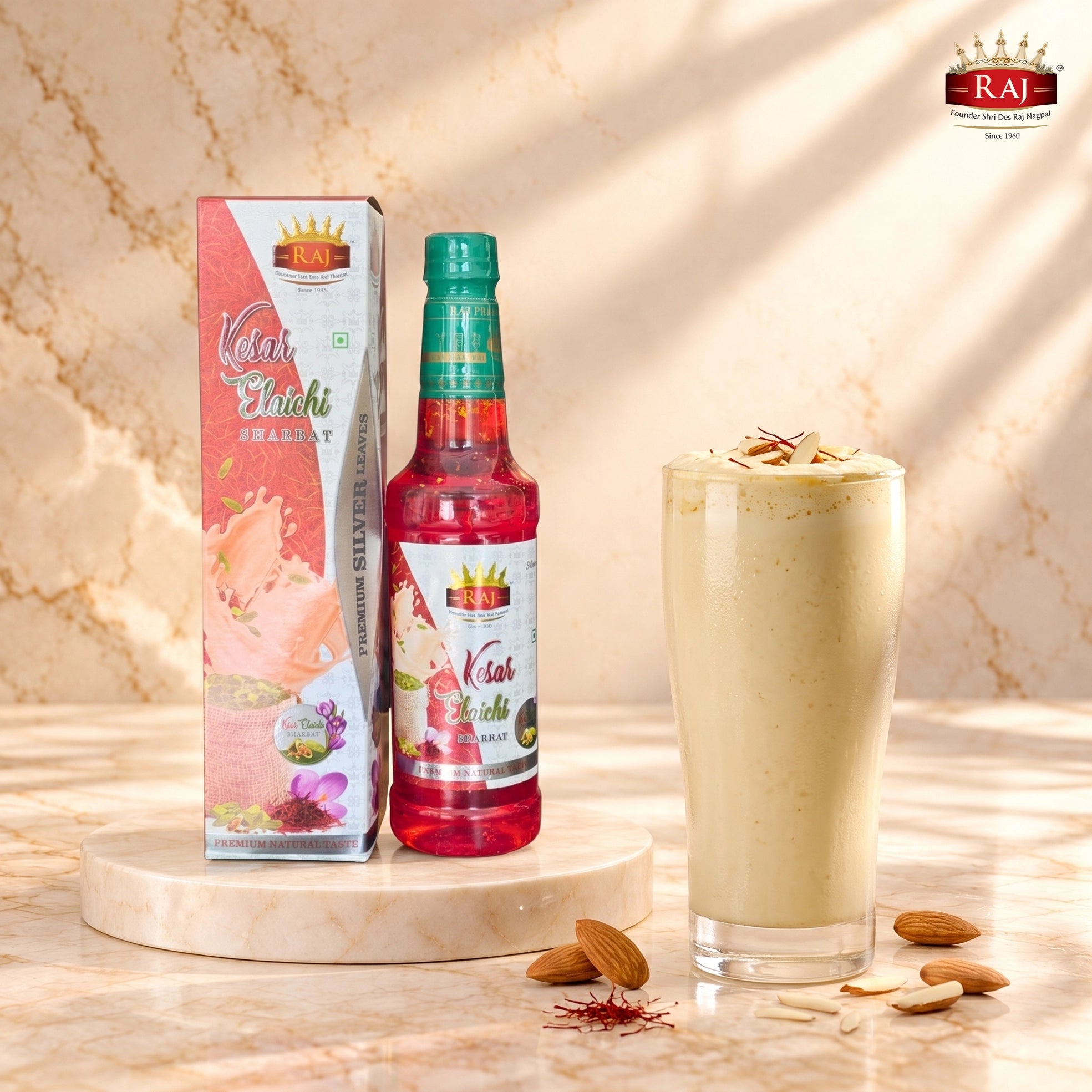 RAJ Kesar Badam Thandai 500 ML bottle with creamy Indian kesar badam lassi