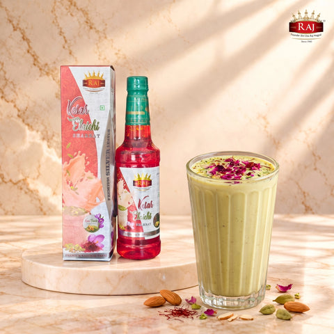 RAJ Kesar Badam Thandai 500 ML bottle served with creamy saffron almond milk