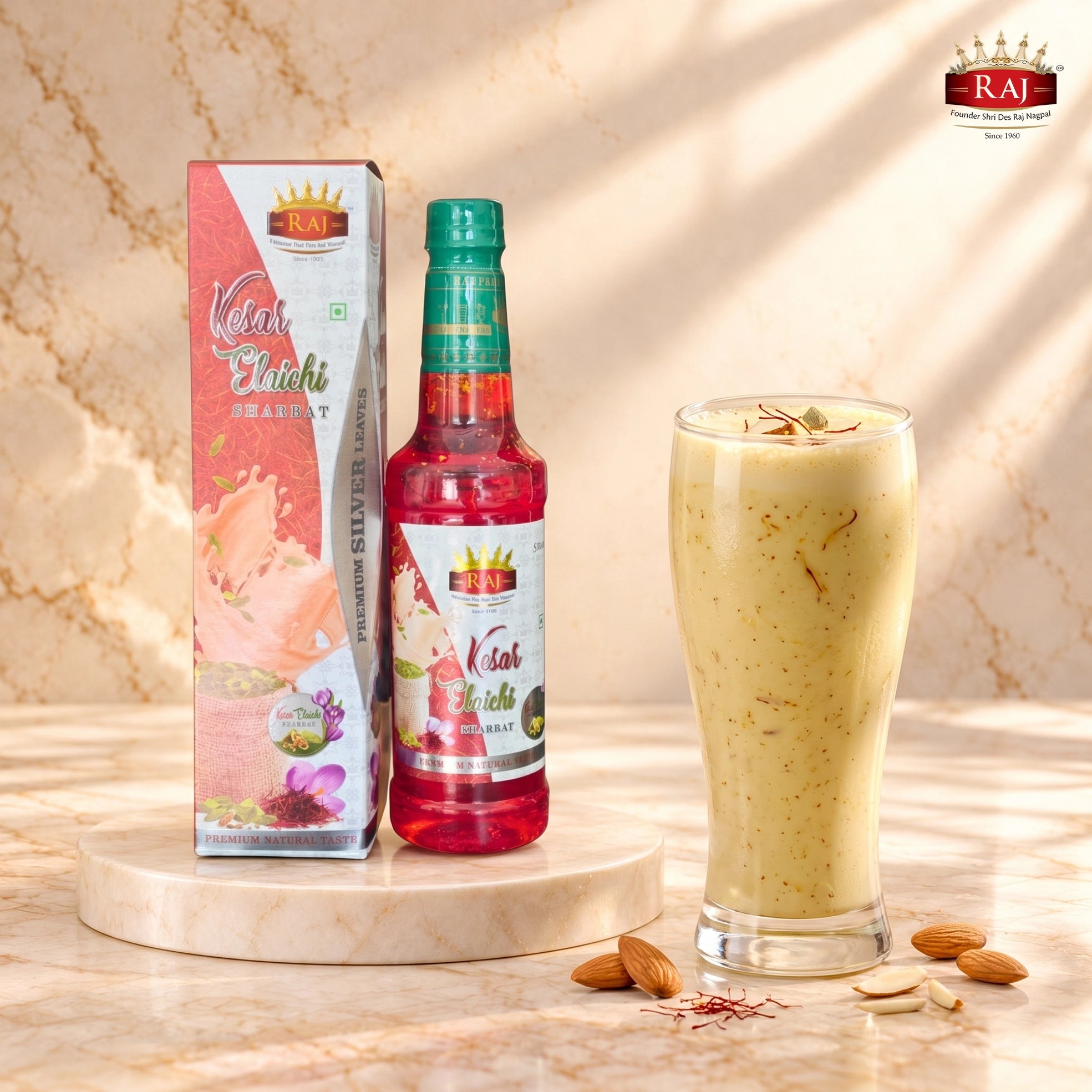RAJ Kesar Badam Thandai 500 ML bottle with a rich creamy kesar badam milkshake