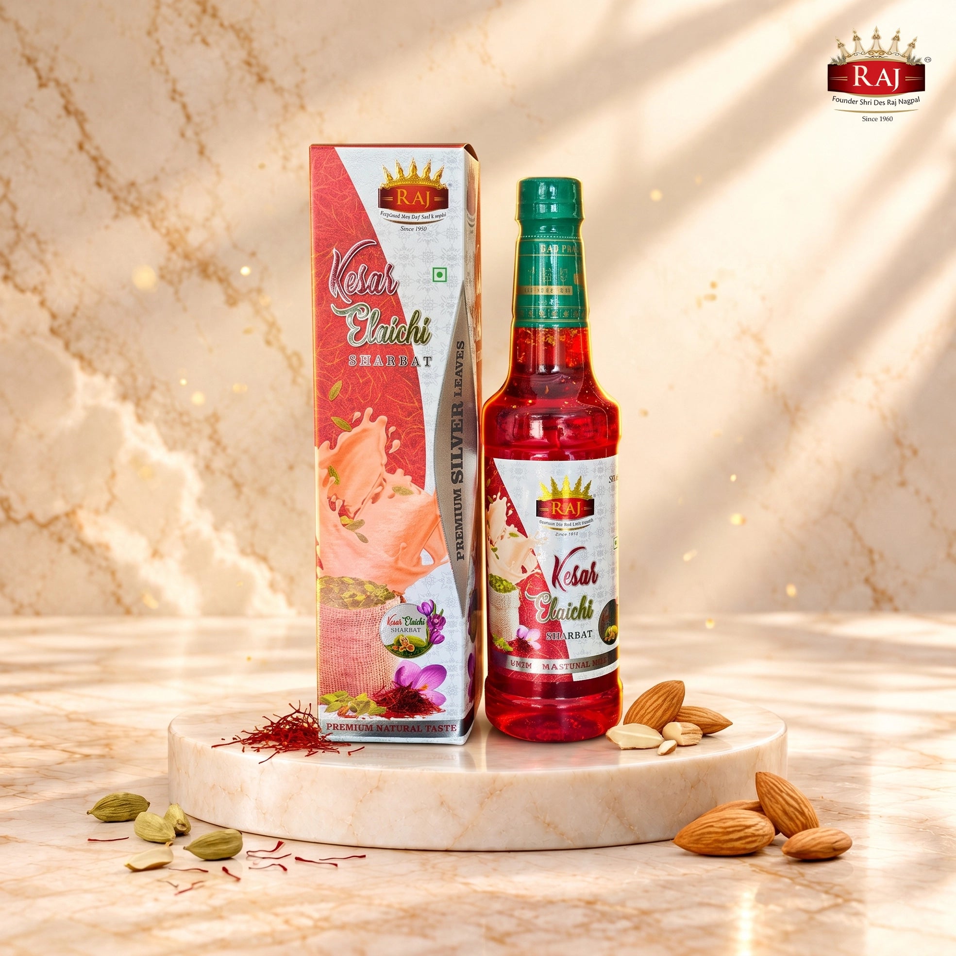 RAJ Kesar Badam Thandai 500 ML premium bottle product image with saffron and almonds