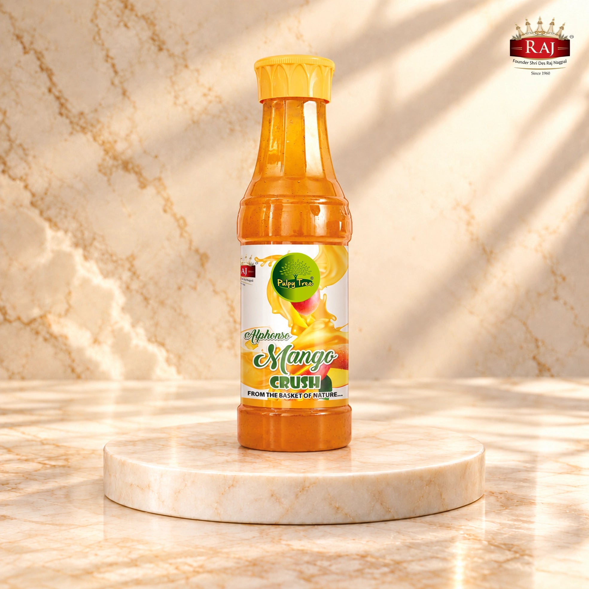 RAJ Mango Crush 750ml bottle with yellow cap and front label