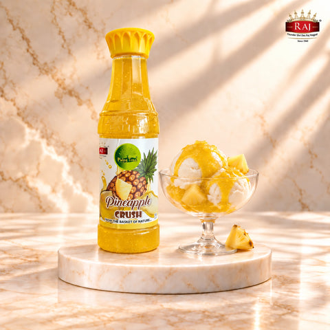 RAJ Pulpy Tree Pineapple Crush bottle with vanilla ice cream and pineapple dessert topping