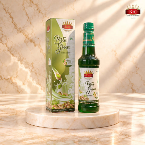 Pista green drink made with RAJ Pista Sharbat – refreshing green pistachio cooler