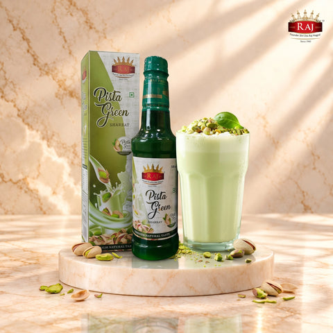 Pista milk sharbat made with RAJ Pista Sharbat – creamy pistachio milk drink in a glass