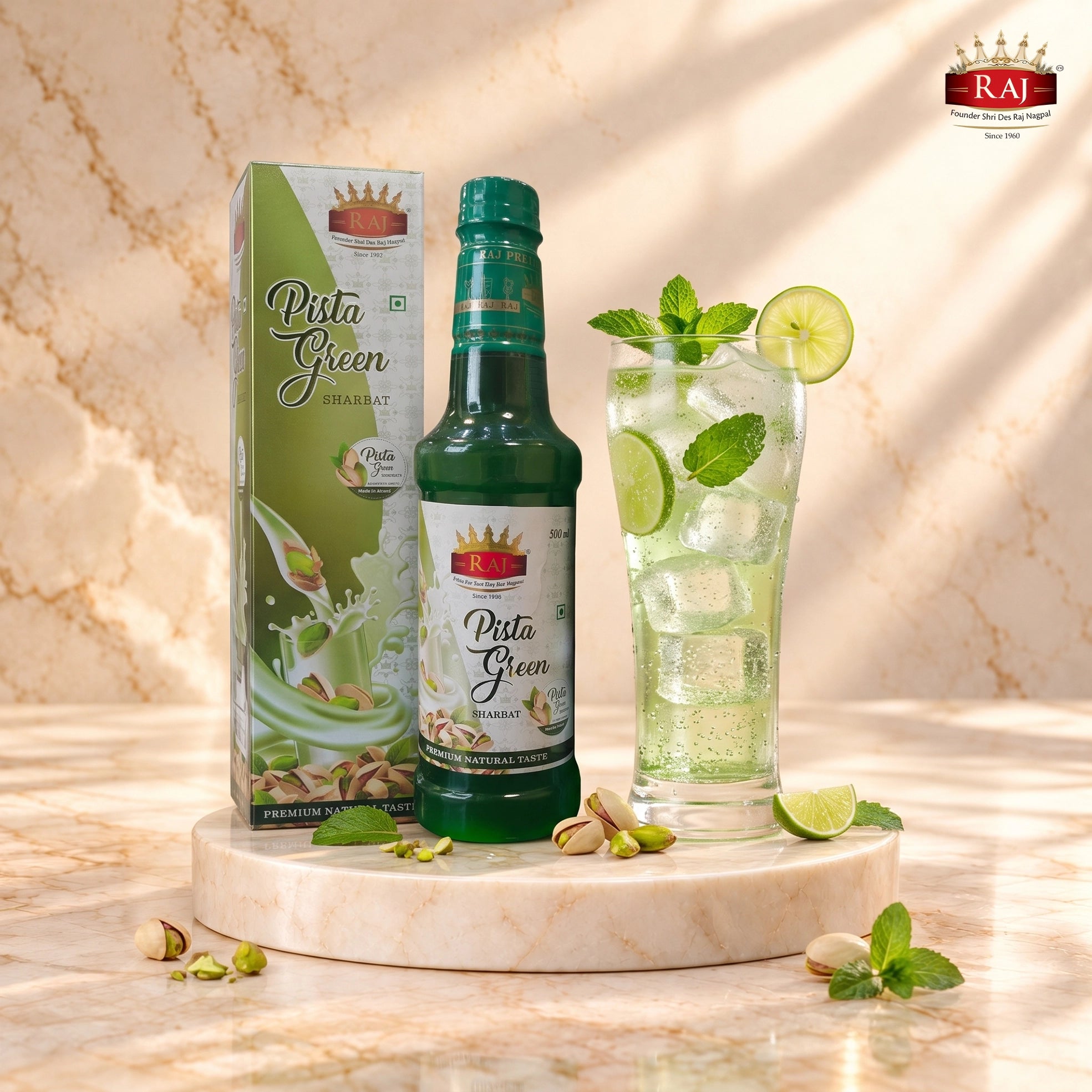 Pista mocktail and soda cooler made with RAJ Pista Sharbat, served chilled with ice