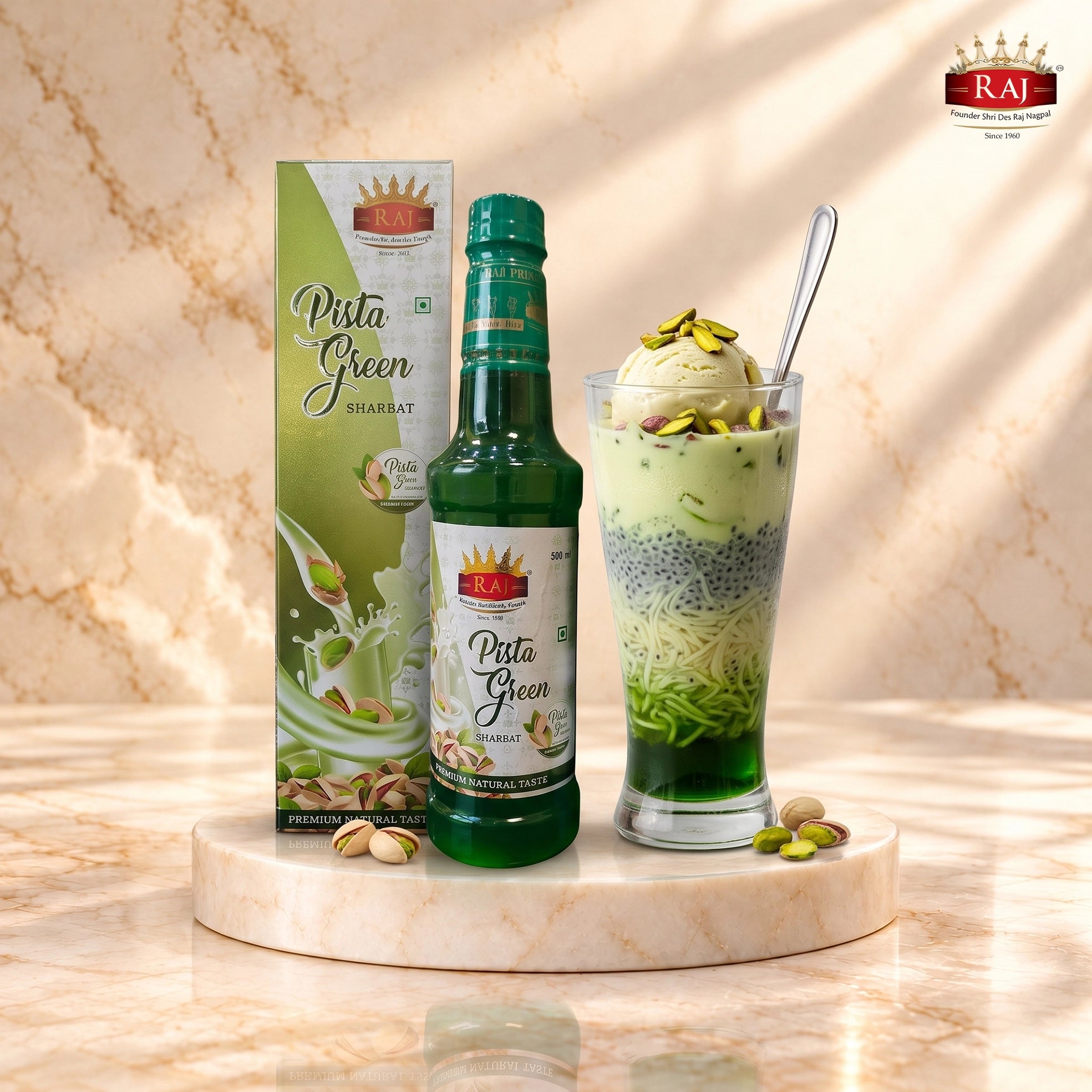 Royal pista falooda made with RAJ Pista Sharbat, served in a tall glass