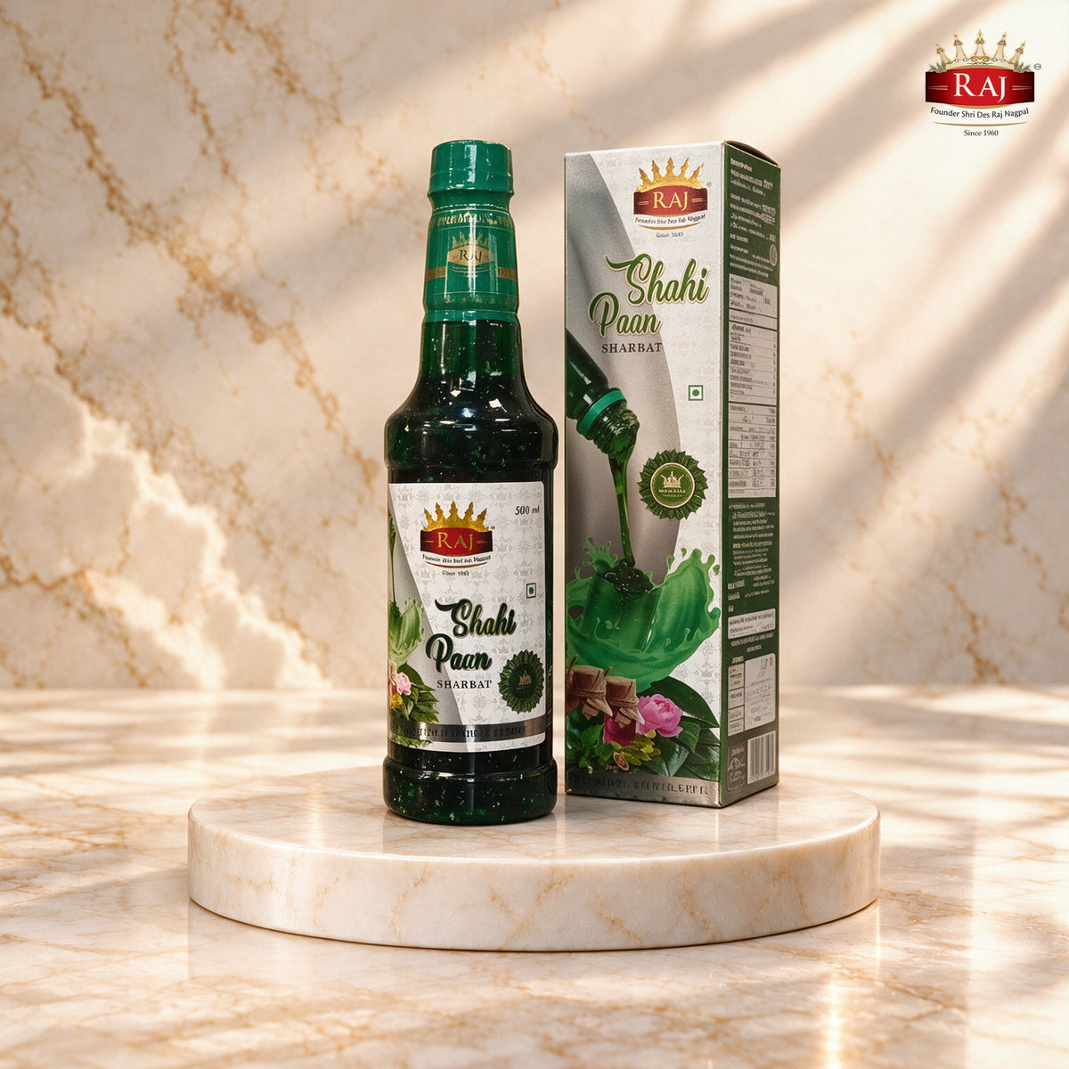 RAJ Shahi Paan Sharbat 500 ml green bottle with silver carton